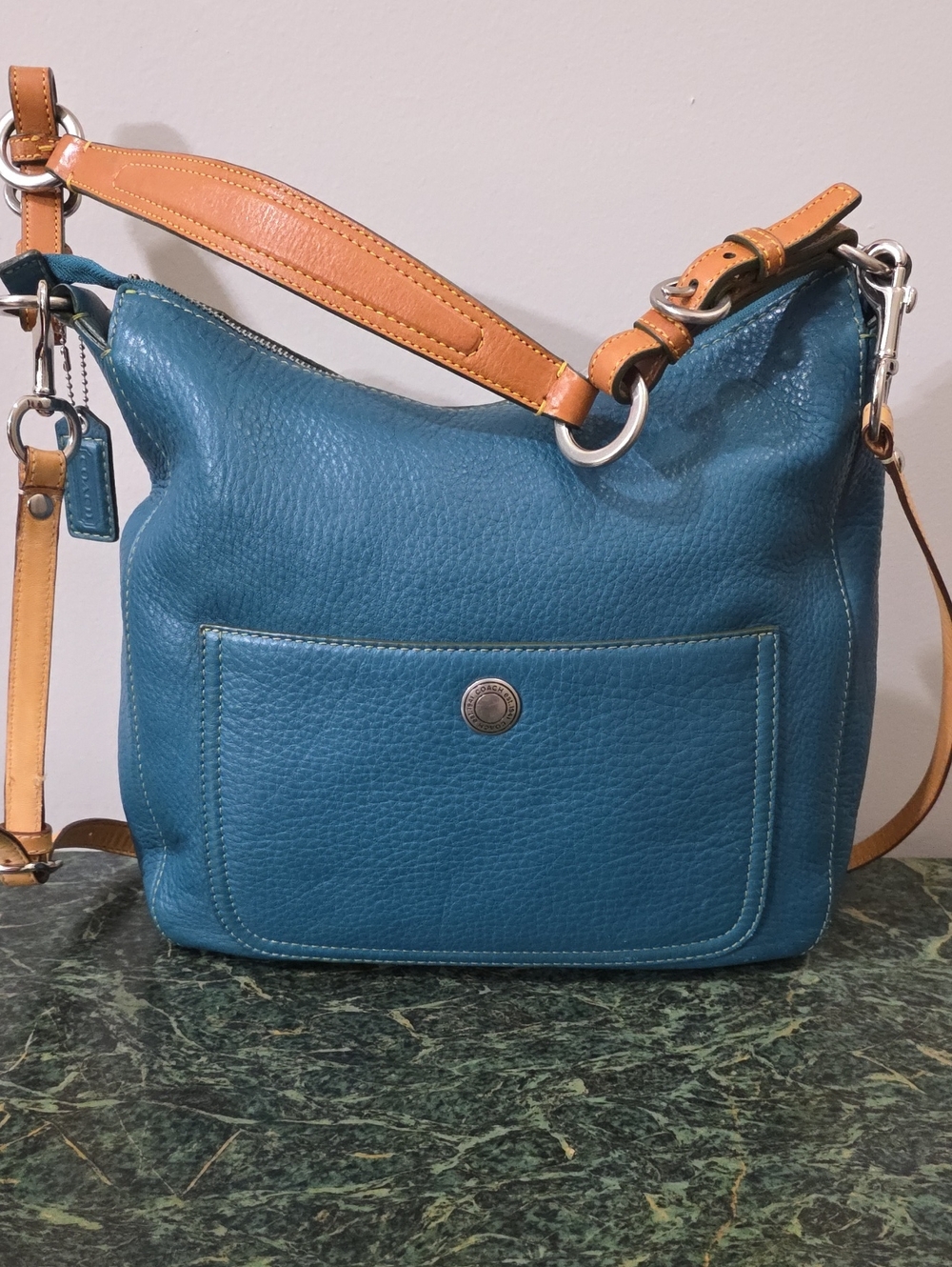 COACH Teal Pebbled Leather Shoulder Bag with Tan Strap